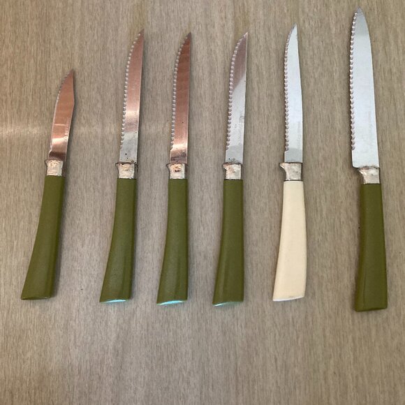 Vintage Forgecraft knife set - 5 green and one cream - Picture 1 of 7